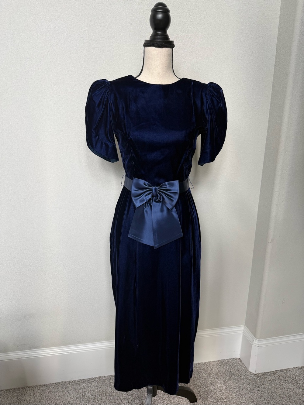 Vintage Lanz Originals Navy Velvet Dress with Satin Bow